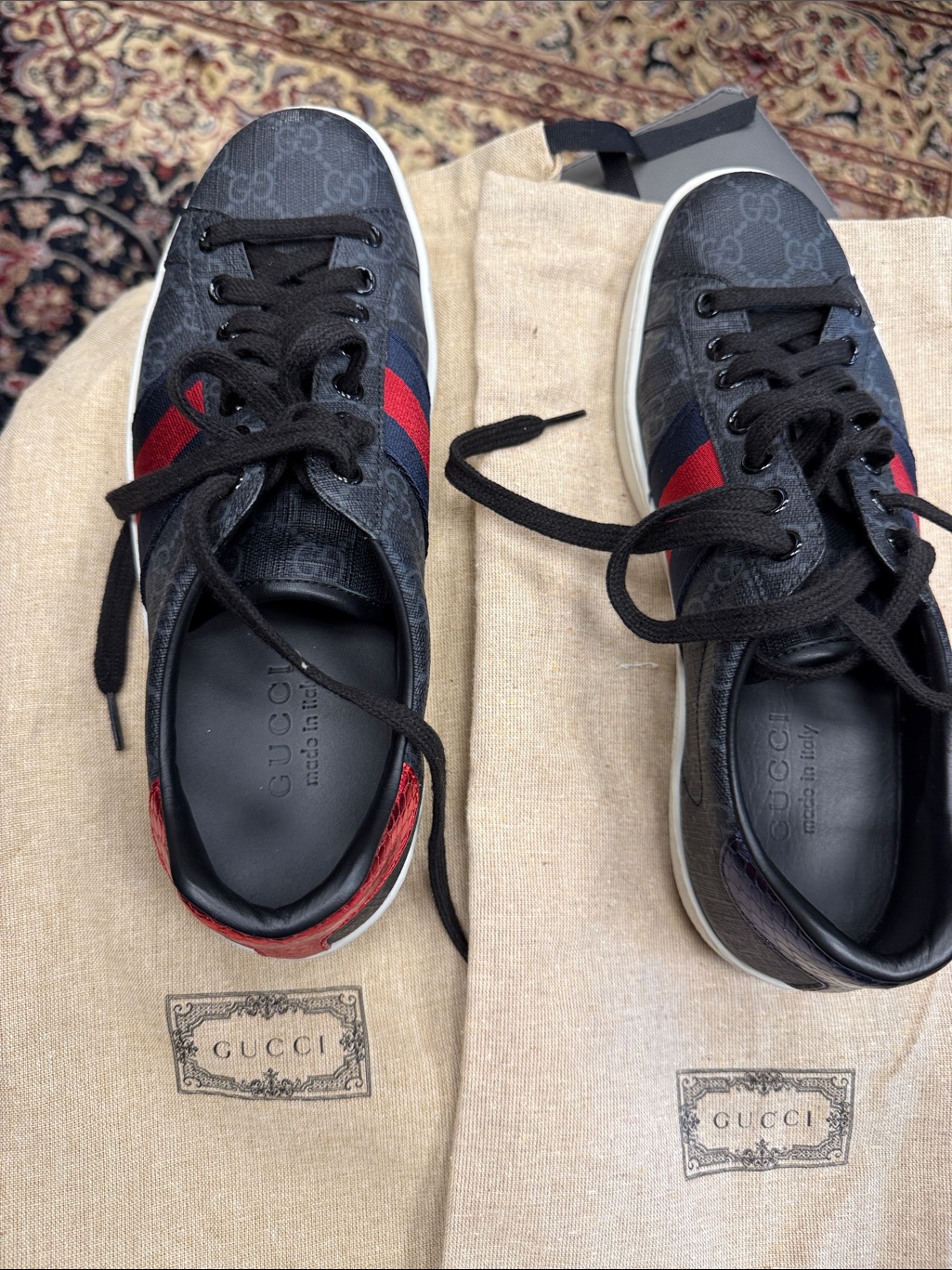 Gucci Men’s Black Gg Canvas Sneakers With Red & Blue Web